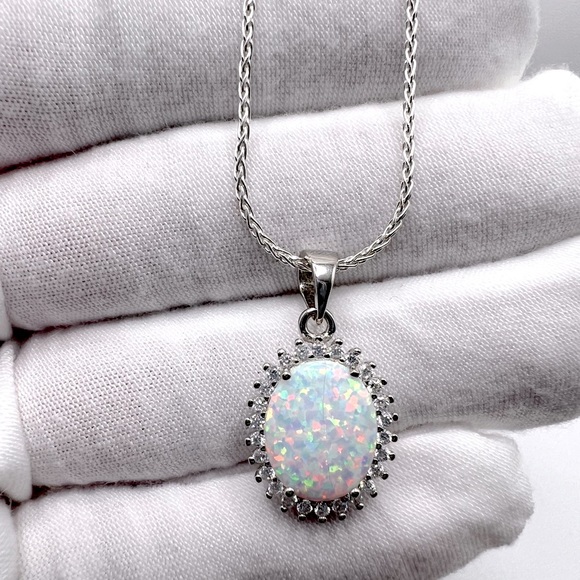 .925 Sterling Silver White Lab Opal & Cz's Necklace